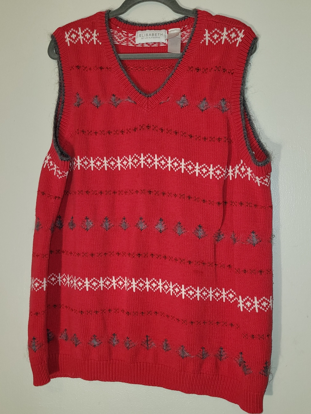 Liz Claiborne Red Sleeveless Knit Vest with White & Gray Fair Isle Stripes